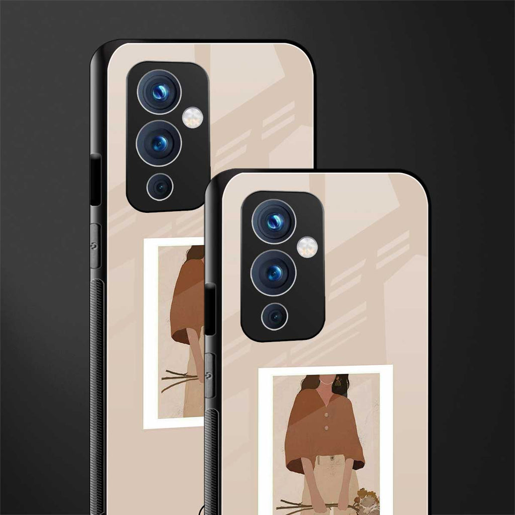 beige brown young lady art back phone cover | glass case for oneplus 9
