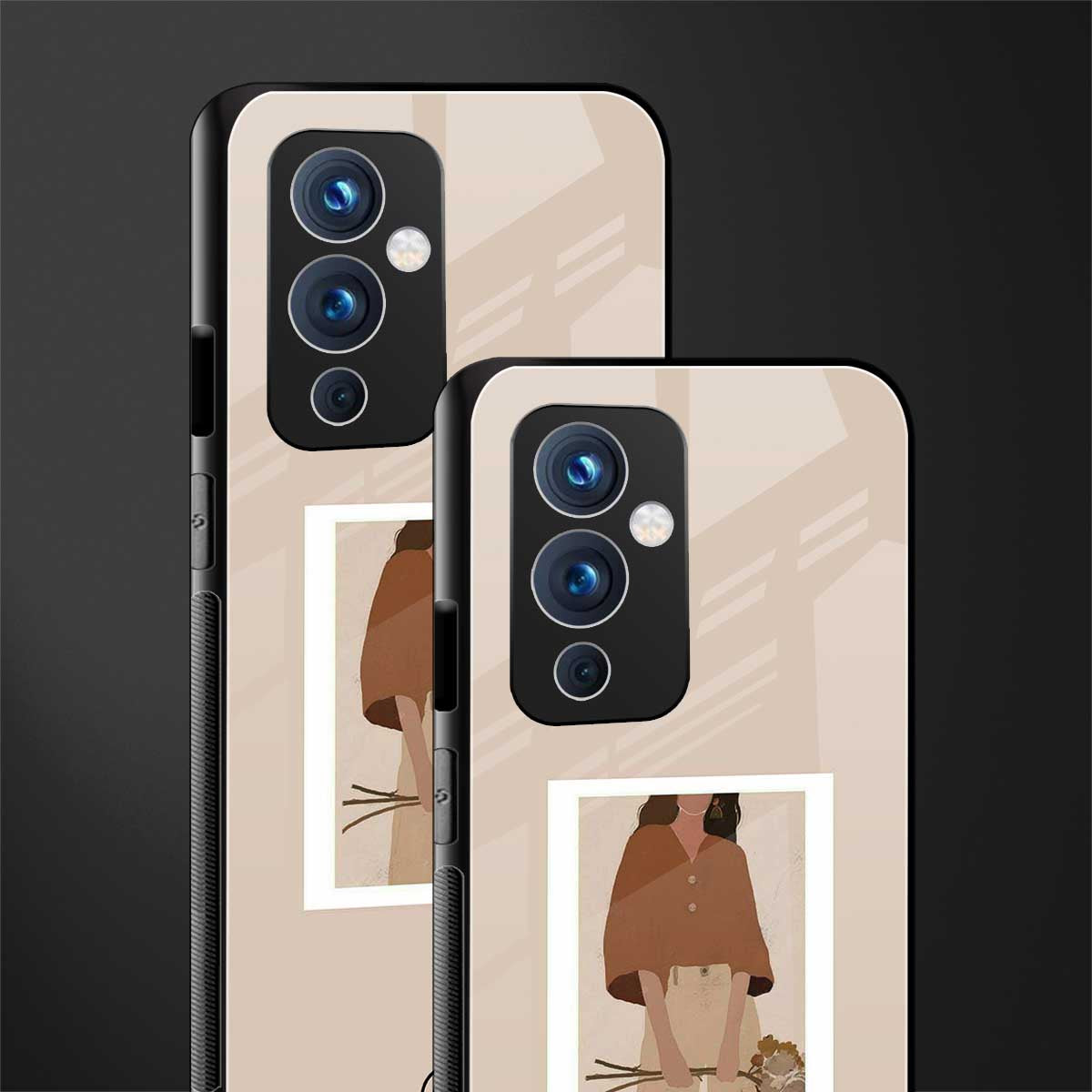 beige brown young lady art back phone cover | glass case for oneplus 9