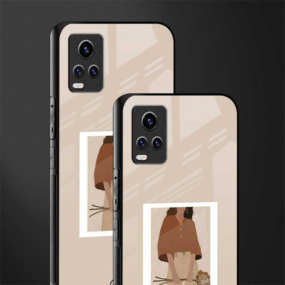 beige brown young lady art back phone cover | glass case for vivo v21e 4g