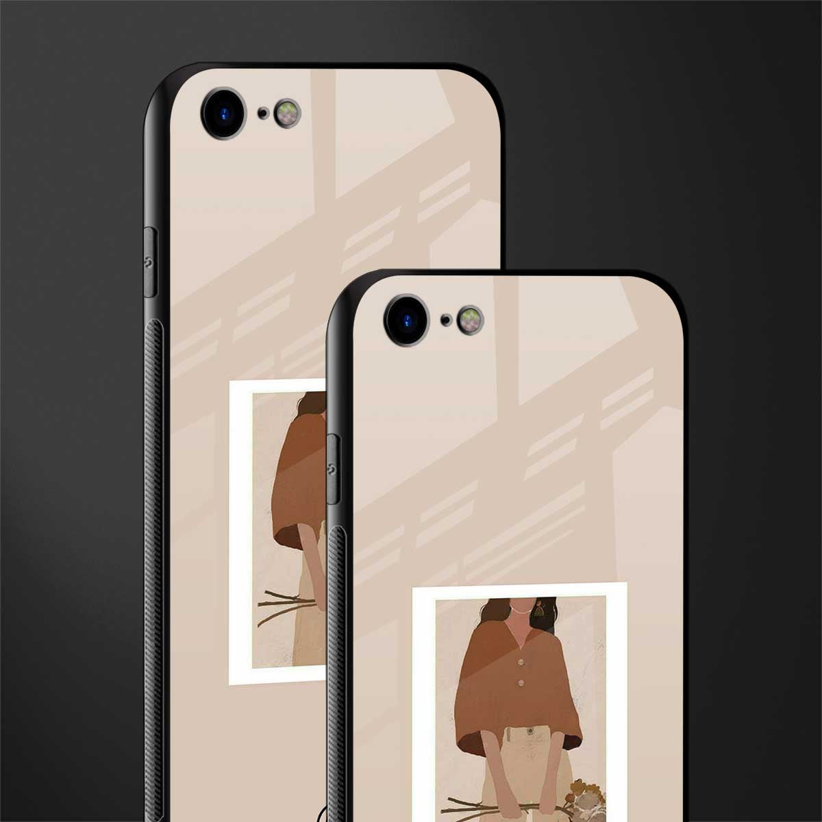 beige brown young lady art glass case for iphone se 2020