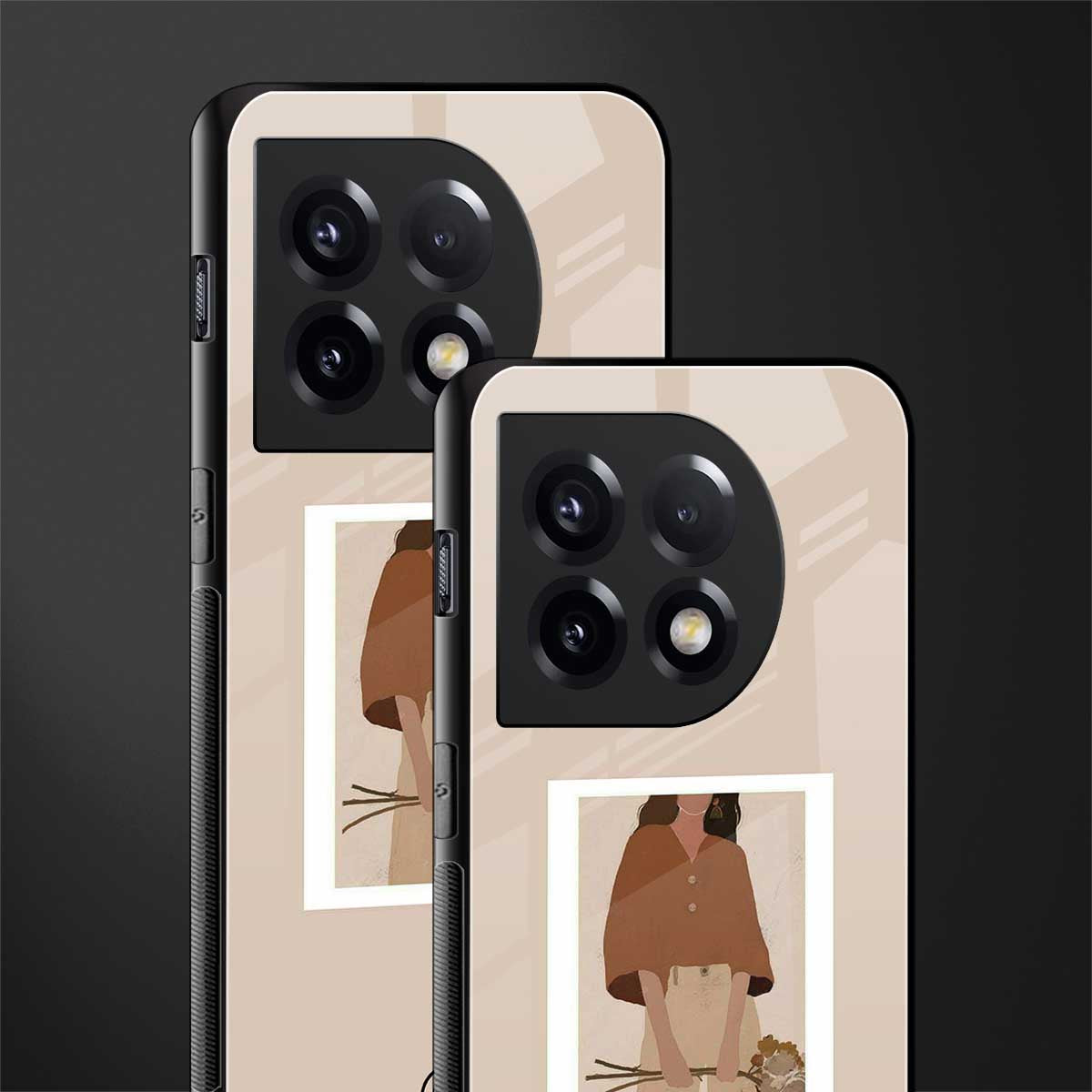 beige brown young lady art back phone cover | glass case for oneplus 11