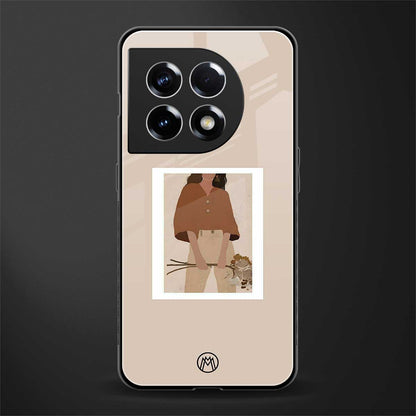 beige brown young lady art back phone cover | glass case for oneplus 11