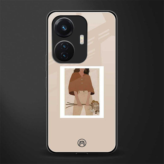 beige brown young lady art back phone cover | glass case for vivo t1 44w 4g