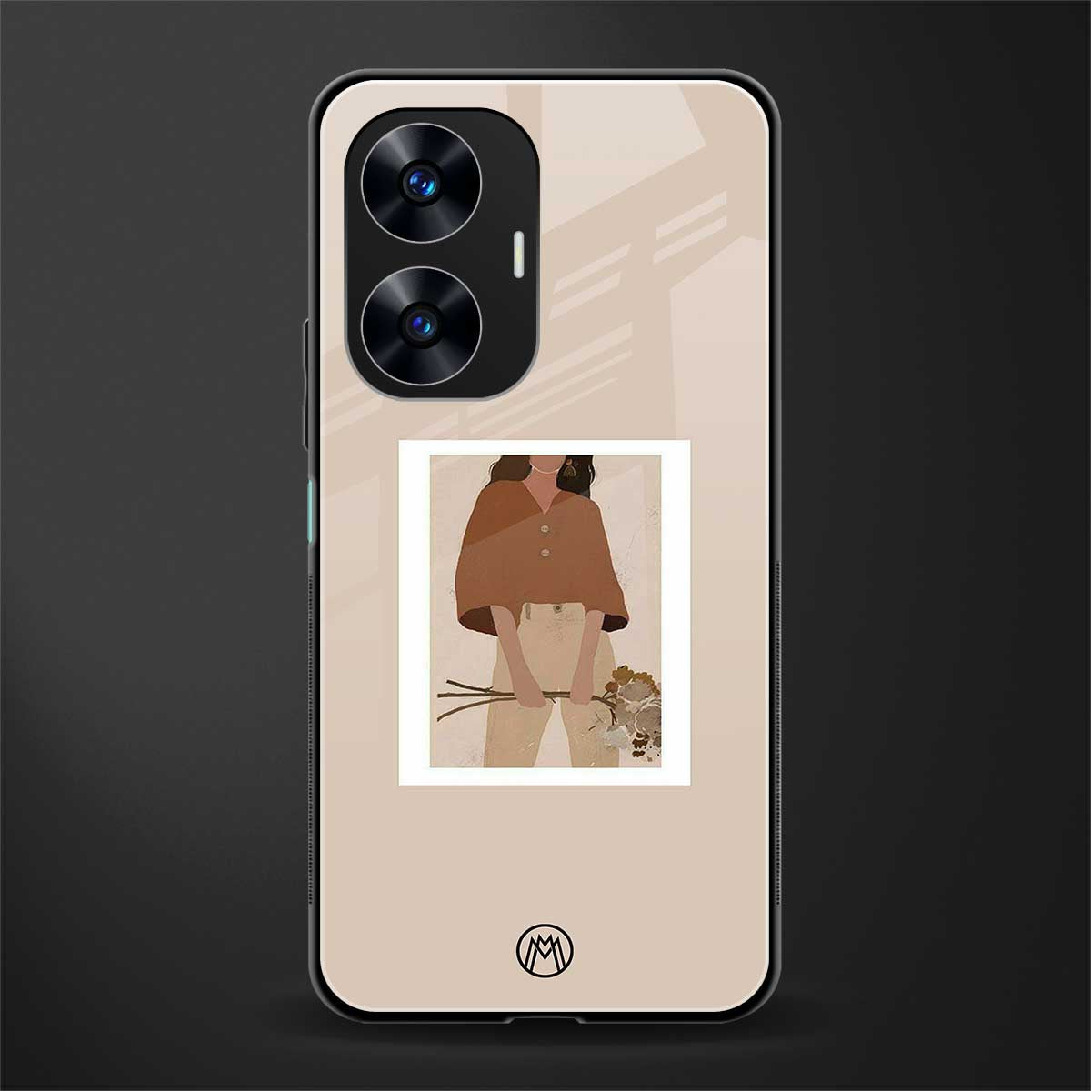 beige brown young lady art back phone cover | glass case for realme c55