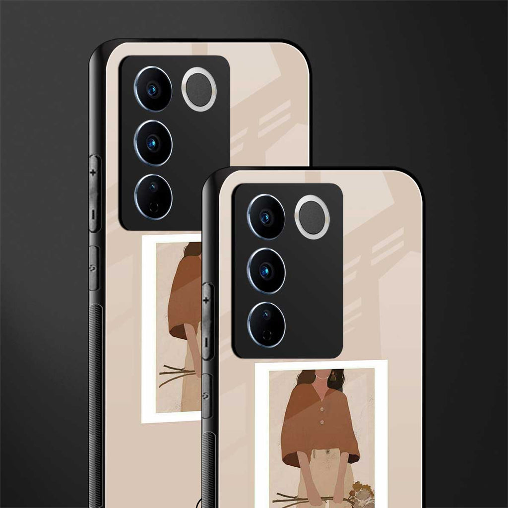 beige brown young lady art back phone cover | glass case for vivo v27 pro 5g