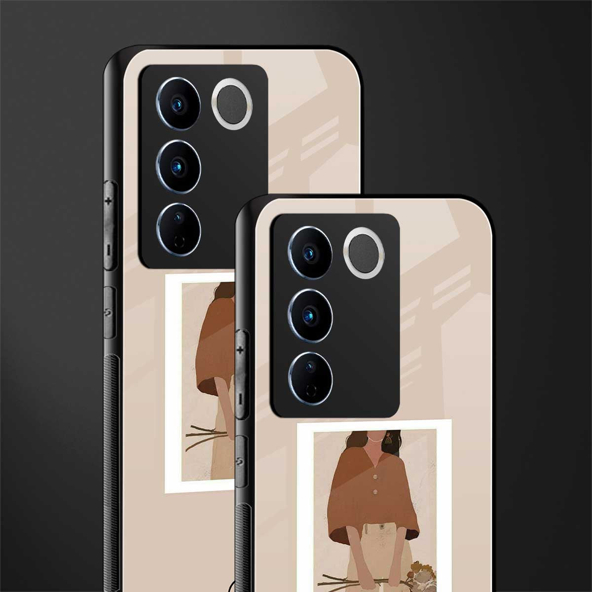 beige brown young lady art back phone cover | glass case for vivo v27 pro 5g