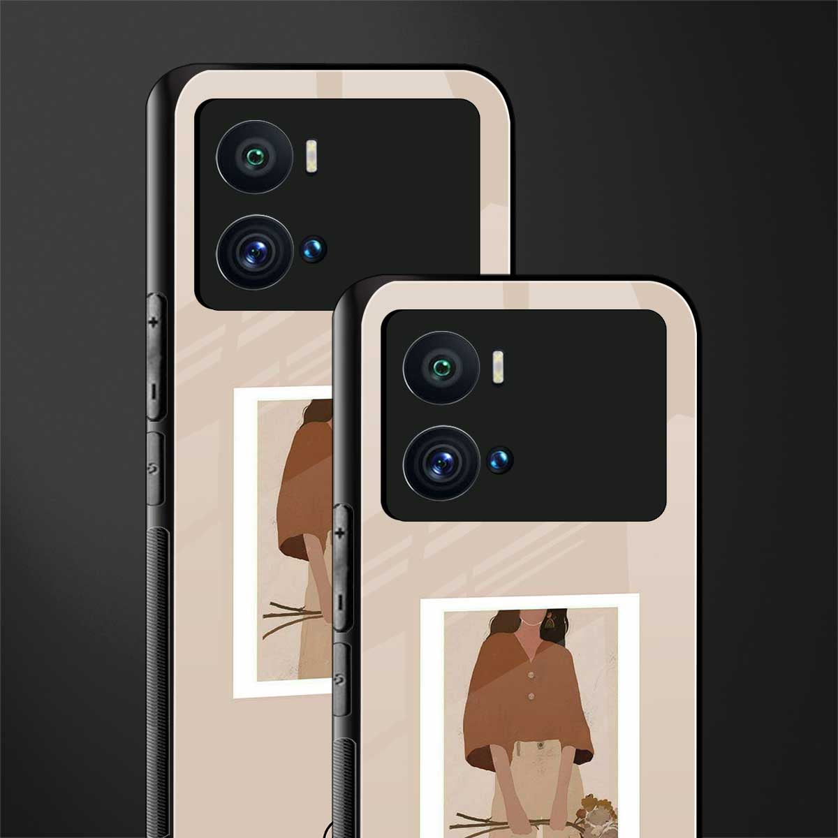 beige brown young lady art back phone cover | glass case for iQOO 9 Pro