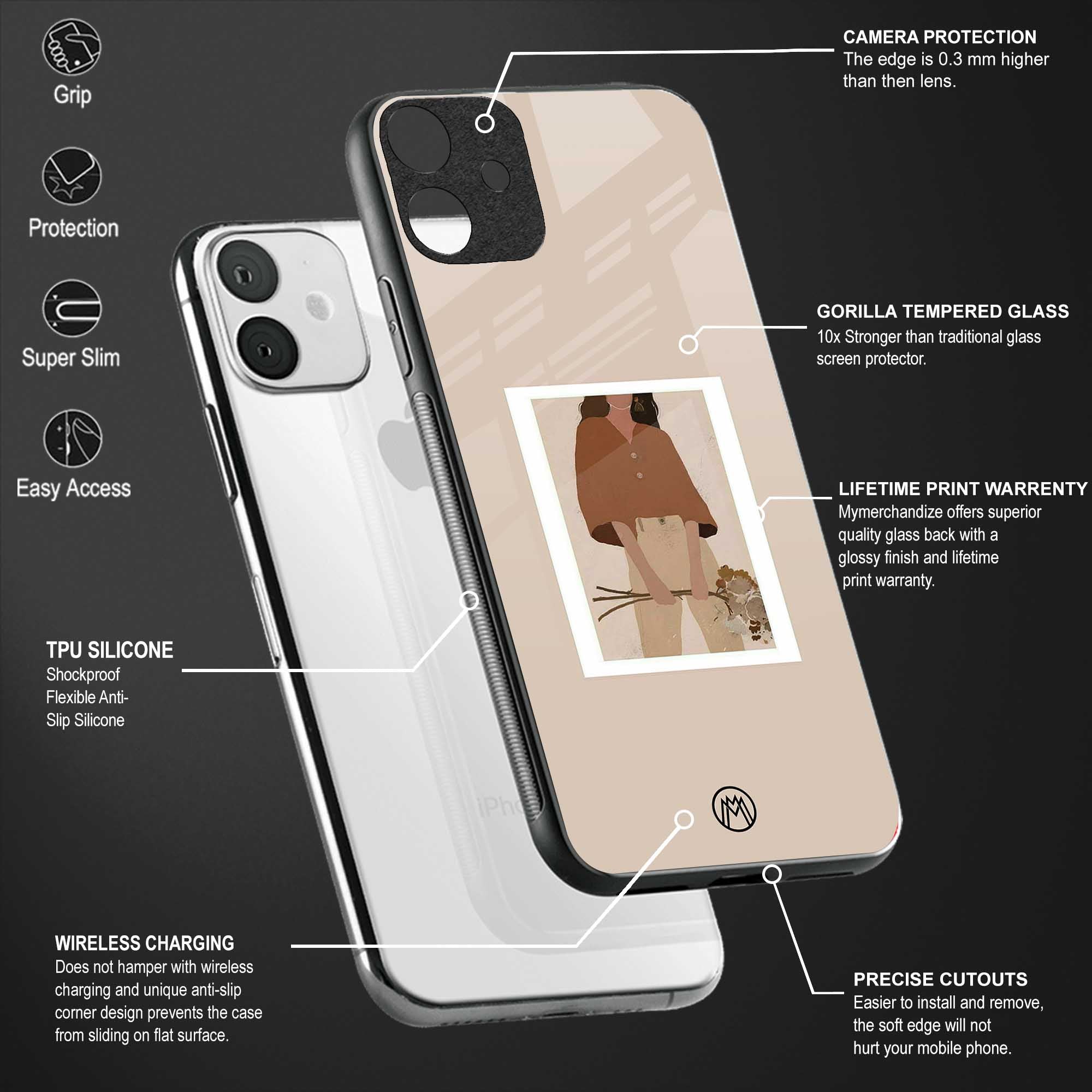 beige brown young lady art glass case for iphone 11