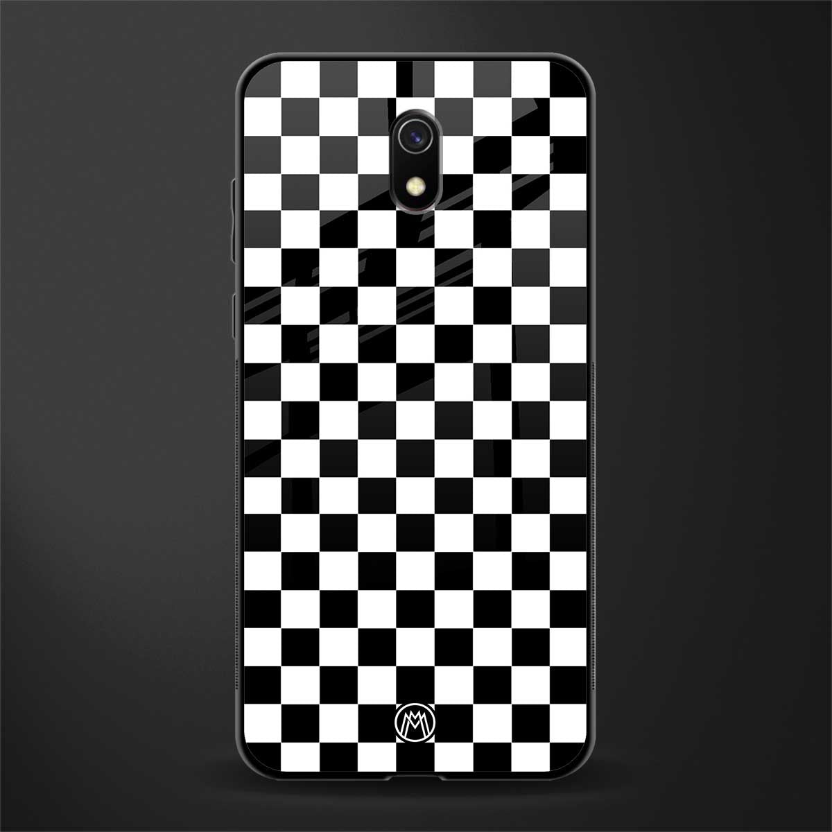 black & white check pattern glass case for redmi 8a image