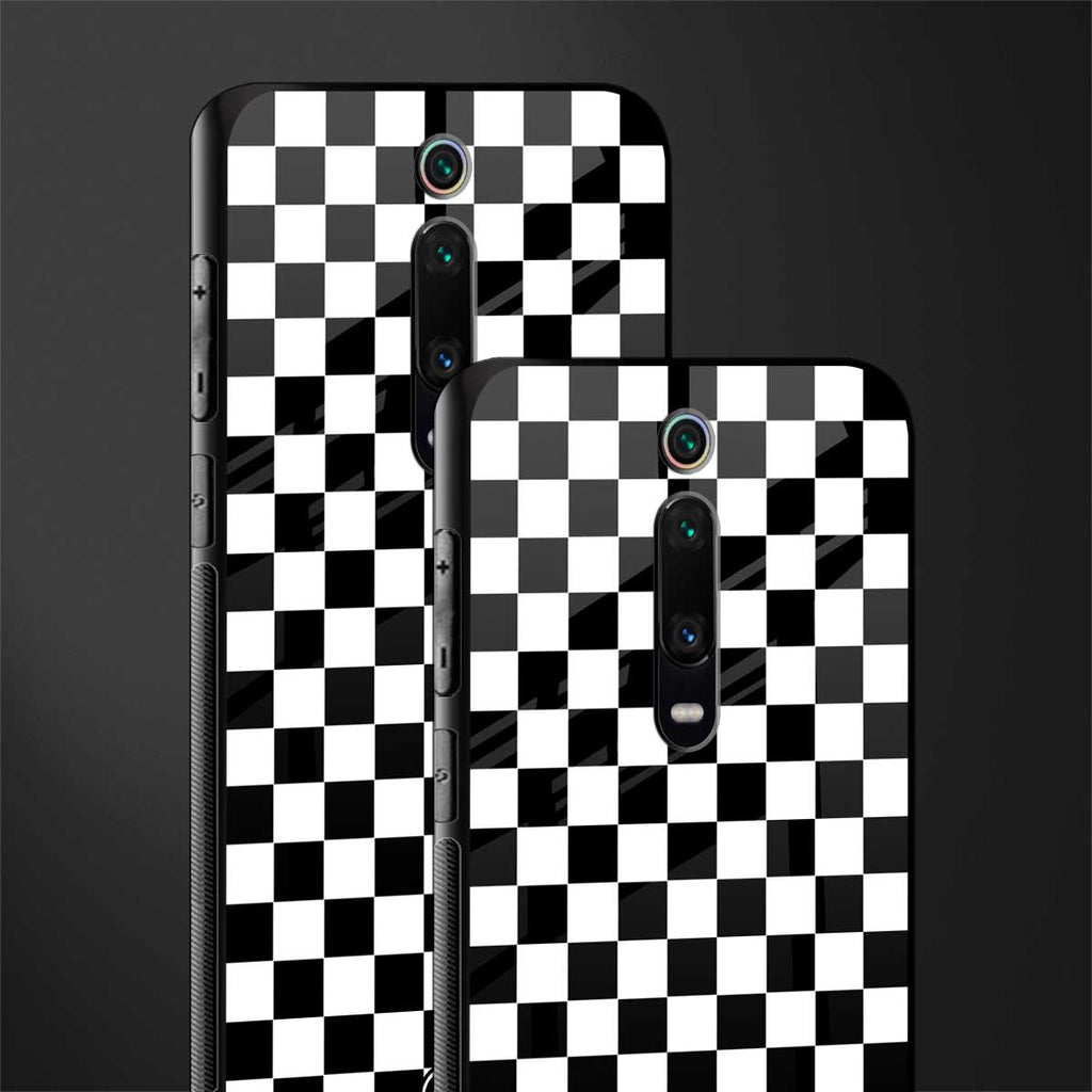 black & white check pattern glass case for redmi k20 pro image-2