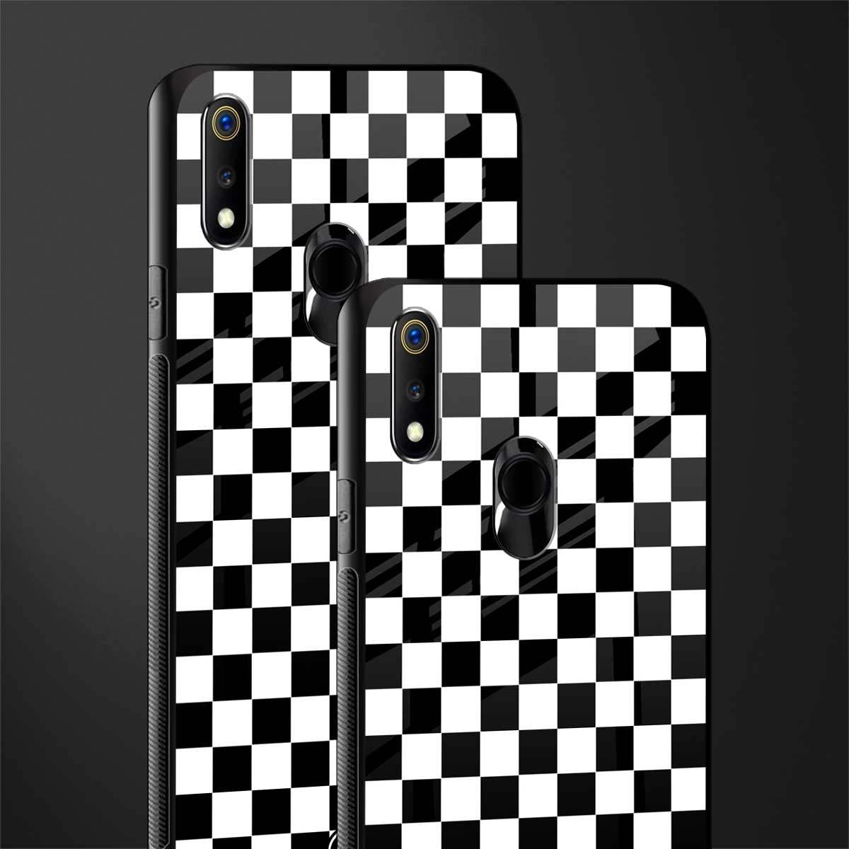 black & white check pattern glass case for realme 3 pro image-2