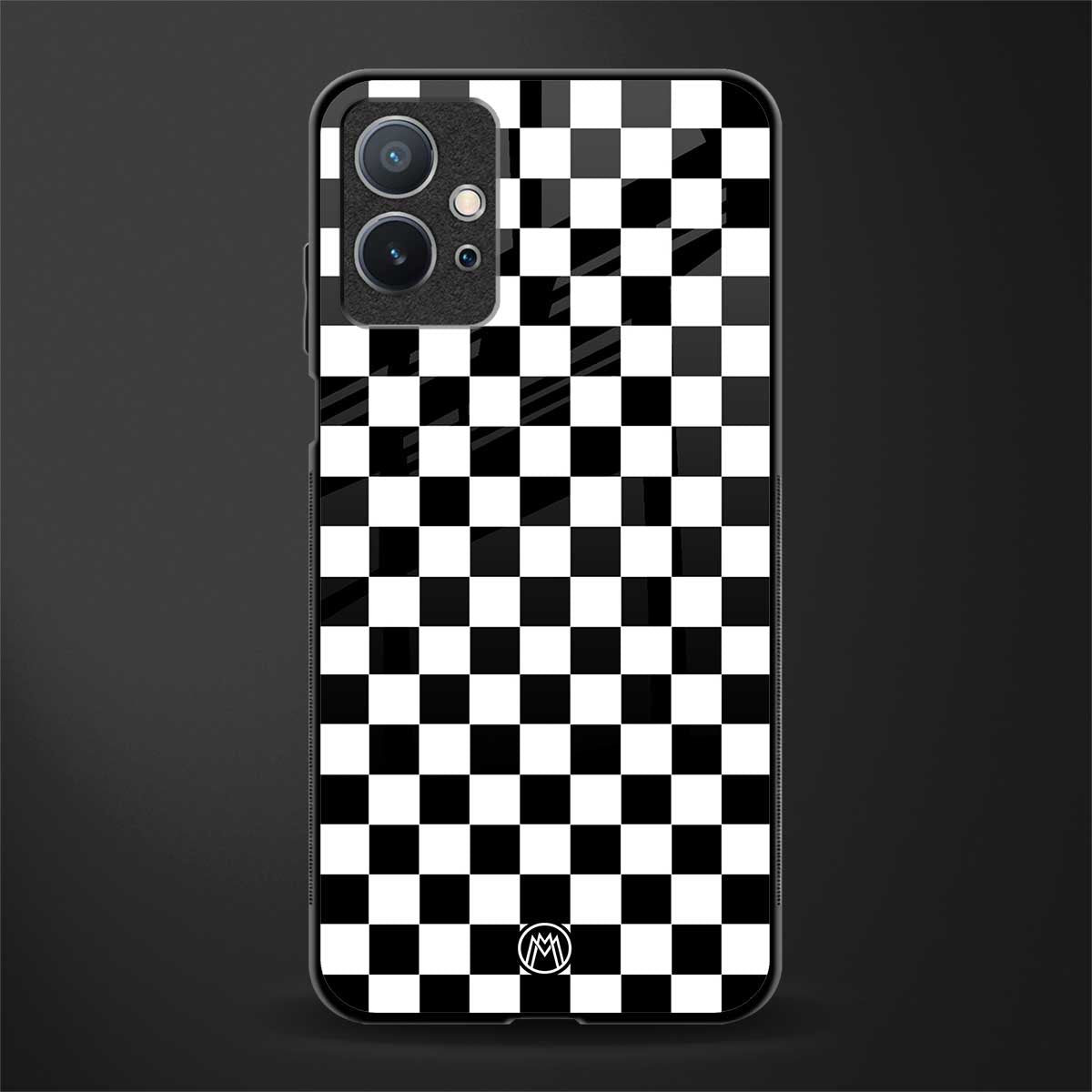 black & white check pattern glass case for vivo t1 5g image