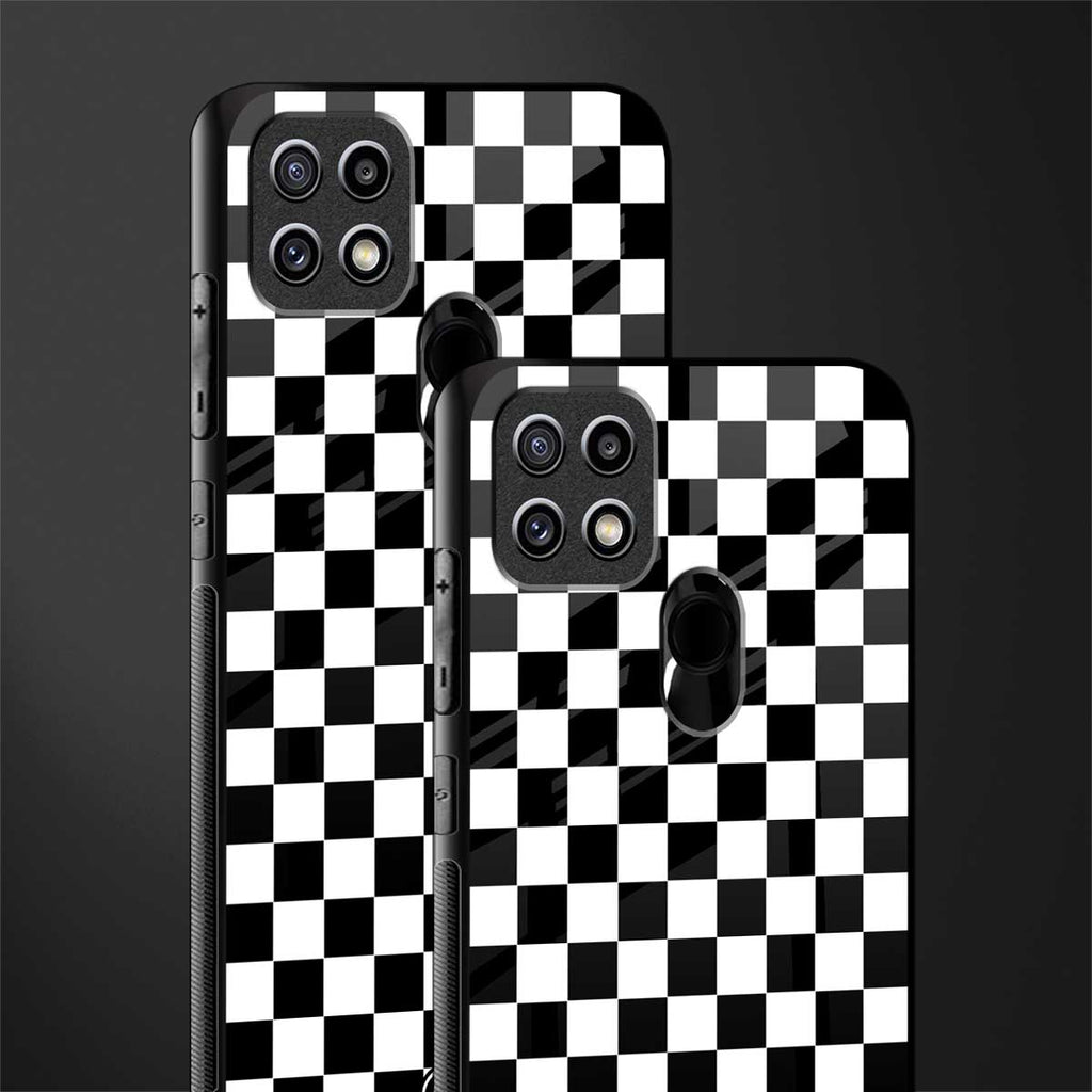 black & white check pattern glass case for oppo a15s image-2