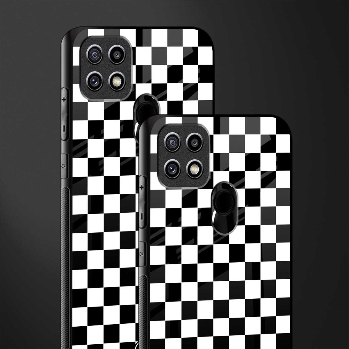 black & white check pattern glass case for oppo a15s image-2