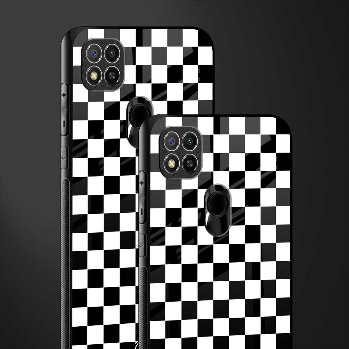 black & white check pattern glass case for redmi 9 image-2