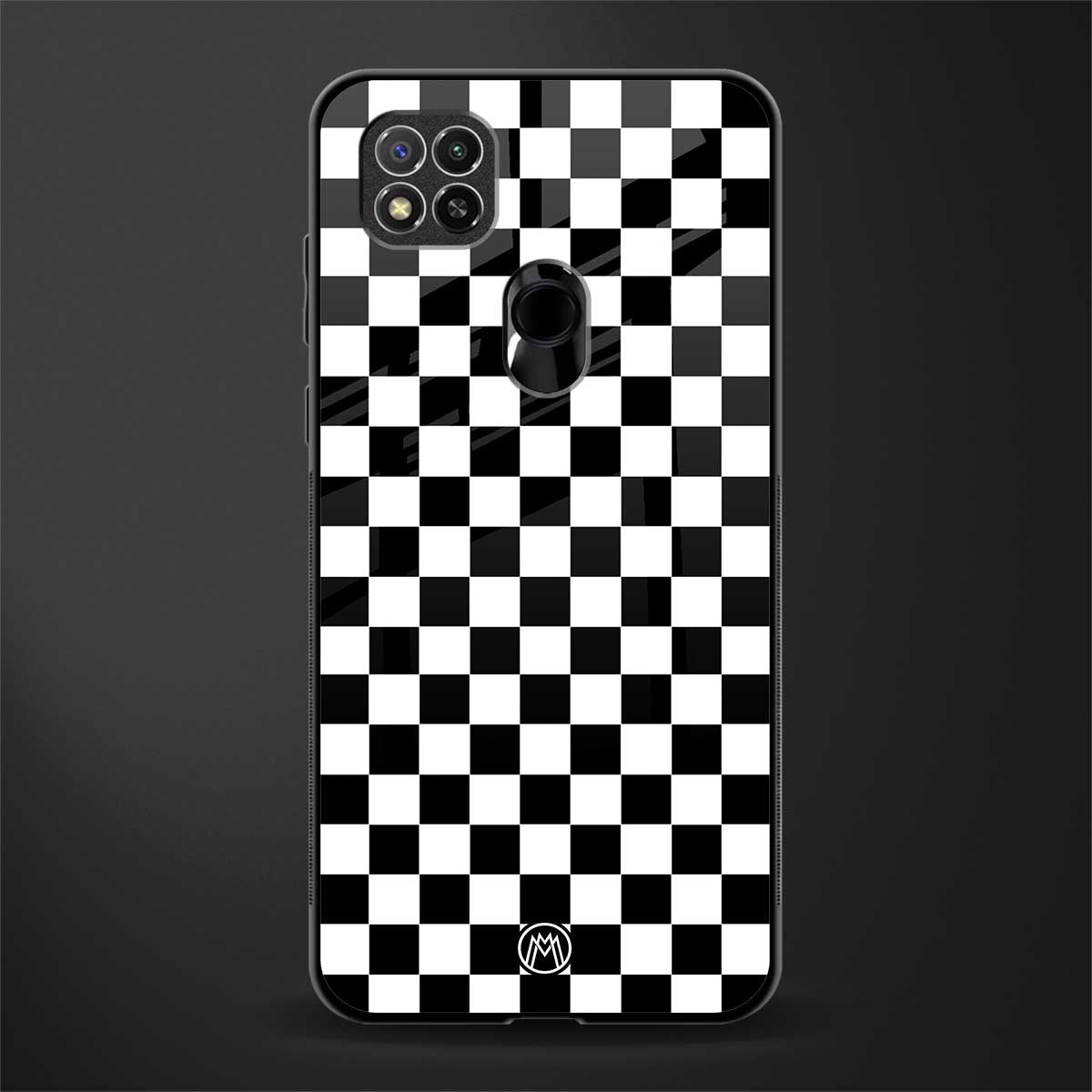 black & white check pattern glass case for redmi 9 image