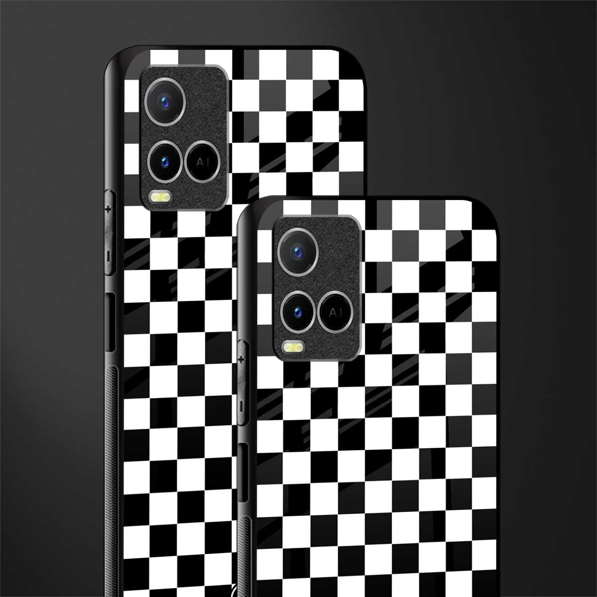 black & white check pattern glass case for vivo y21s image-2