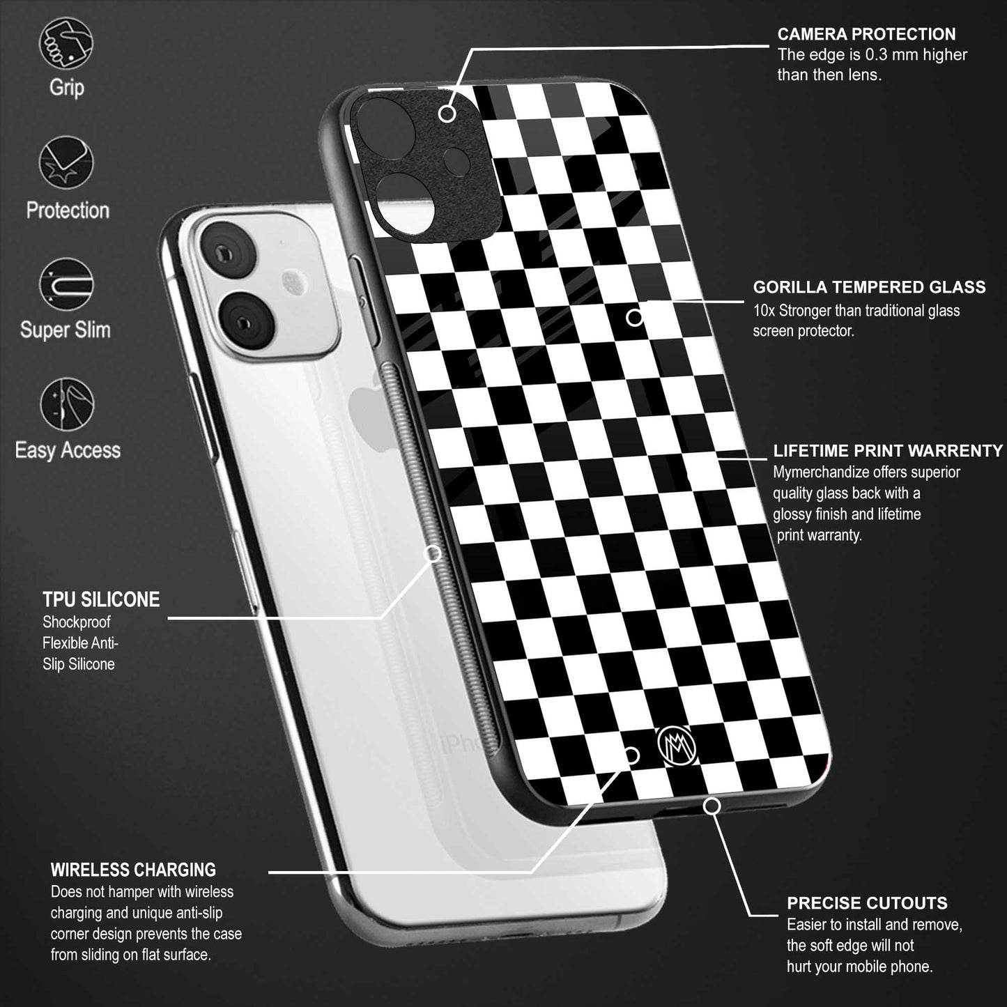 black & white check pattern glass case for redmi 9i image-4