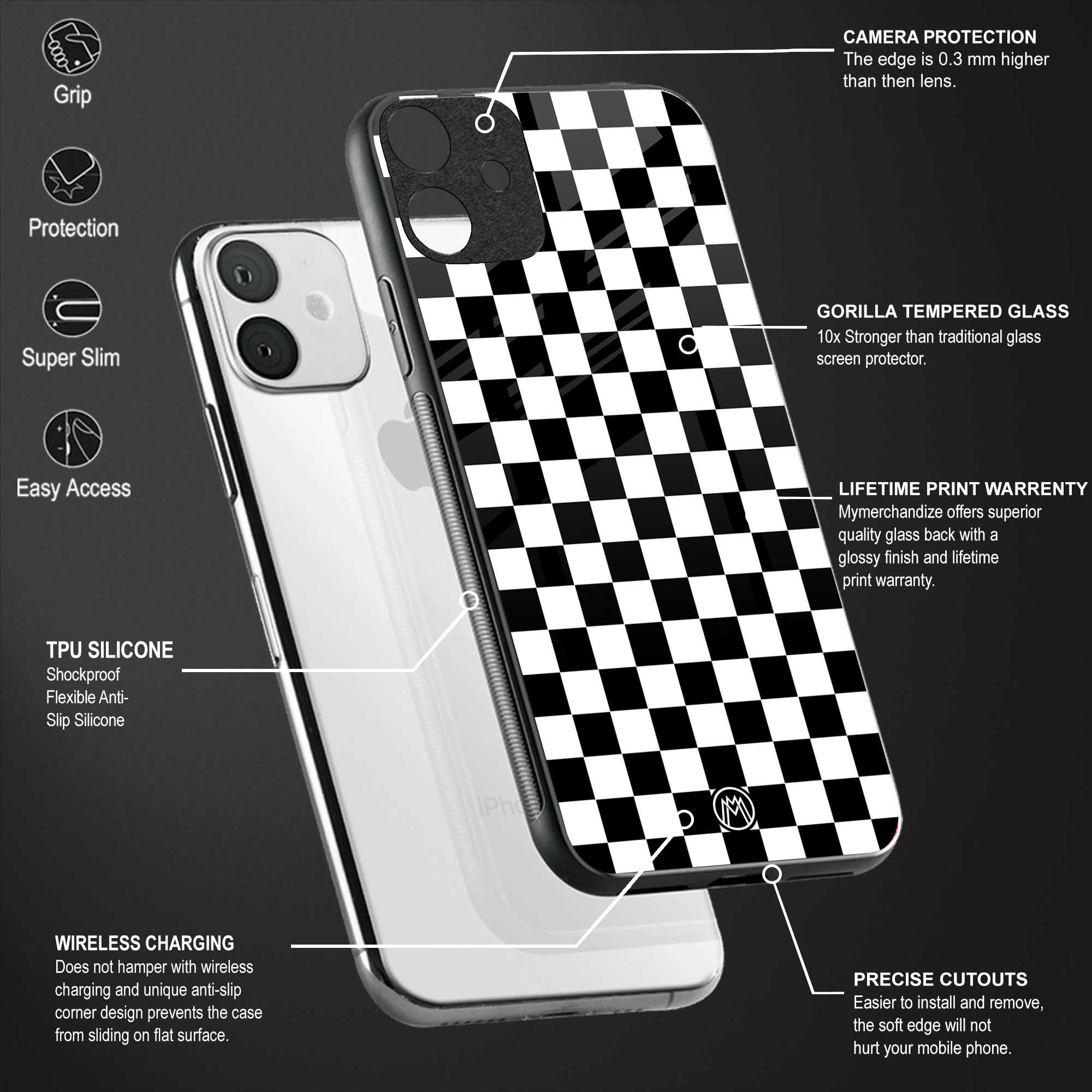 black & white check pattern glass case for vivo t1 5g image-4