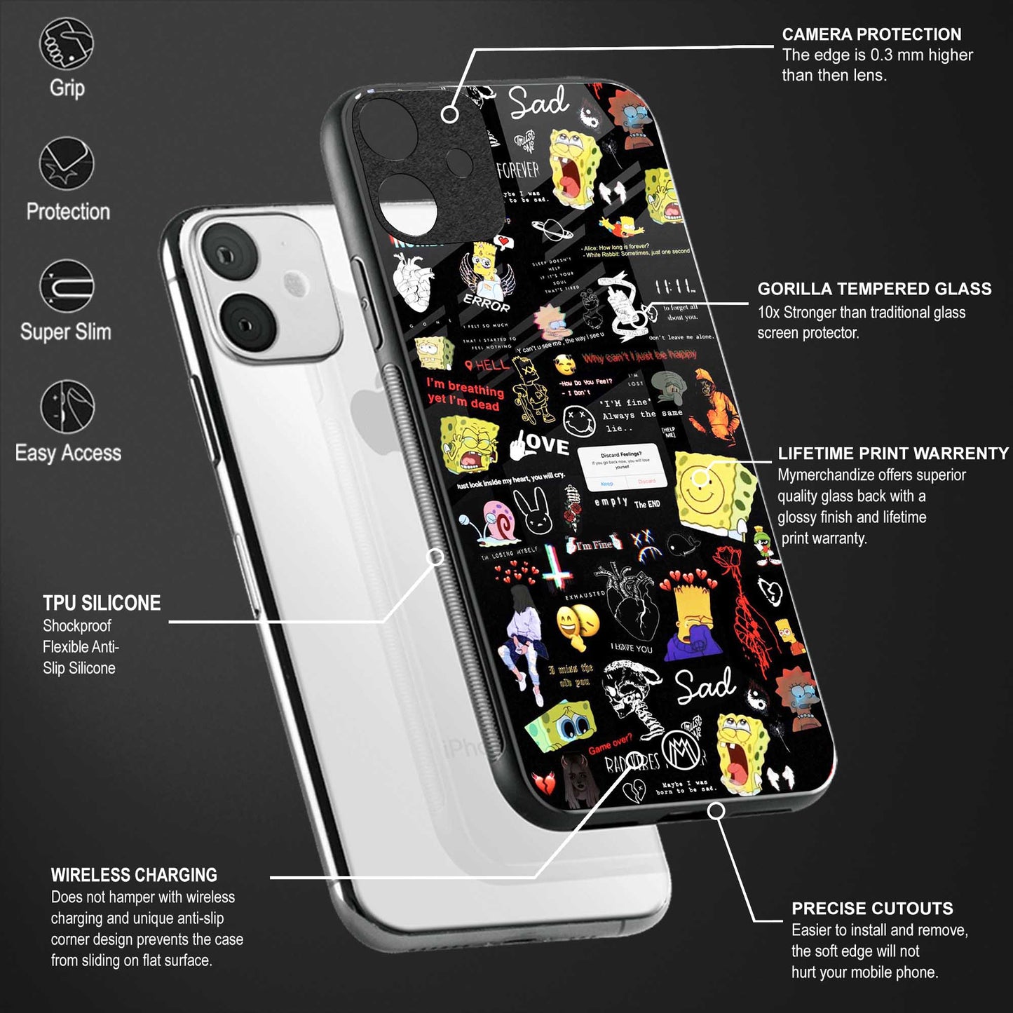 black aesthetic collage back phone cover | glass case for vivo v25-5g