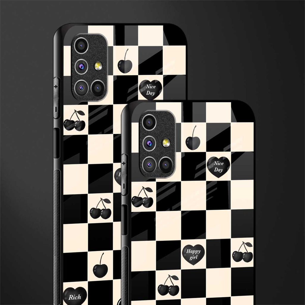 black cherries check pattern glass case for samsung galaxy m51 image-2