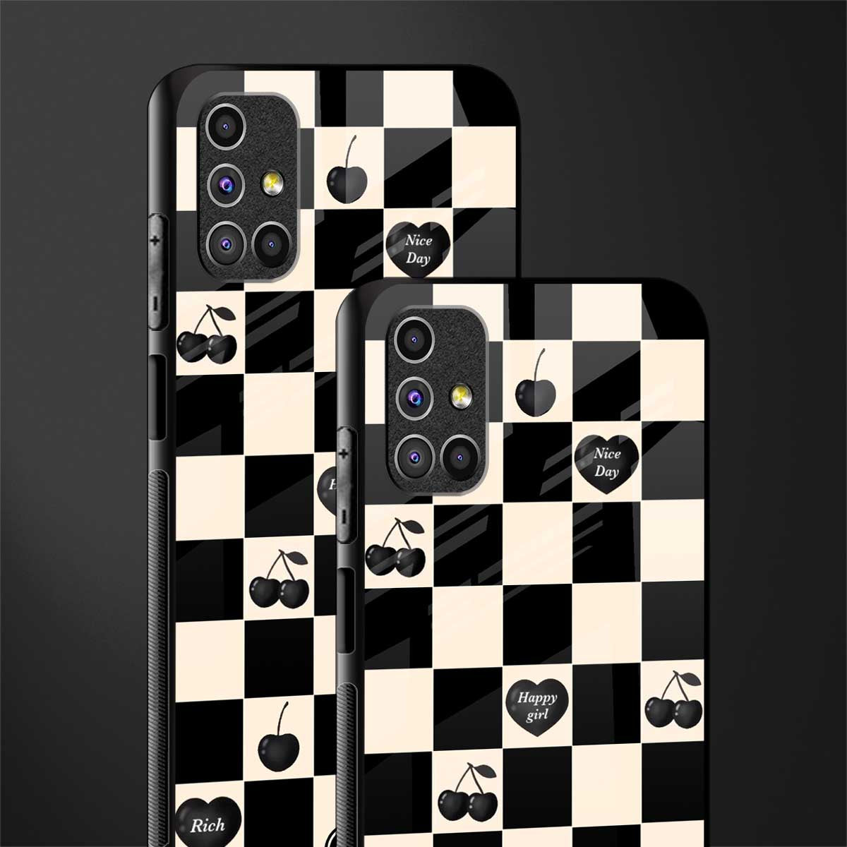 black cherries check pattern glass case for samsung galaxy m51 image-2