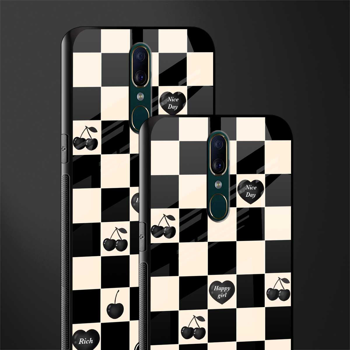 black cherries check pattern glass case for oppo a9 image-2