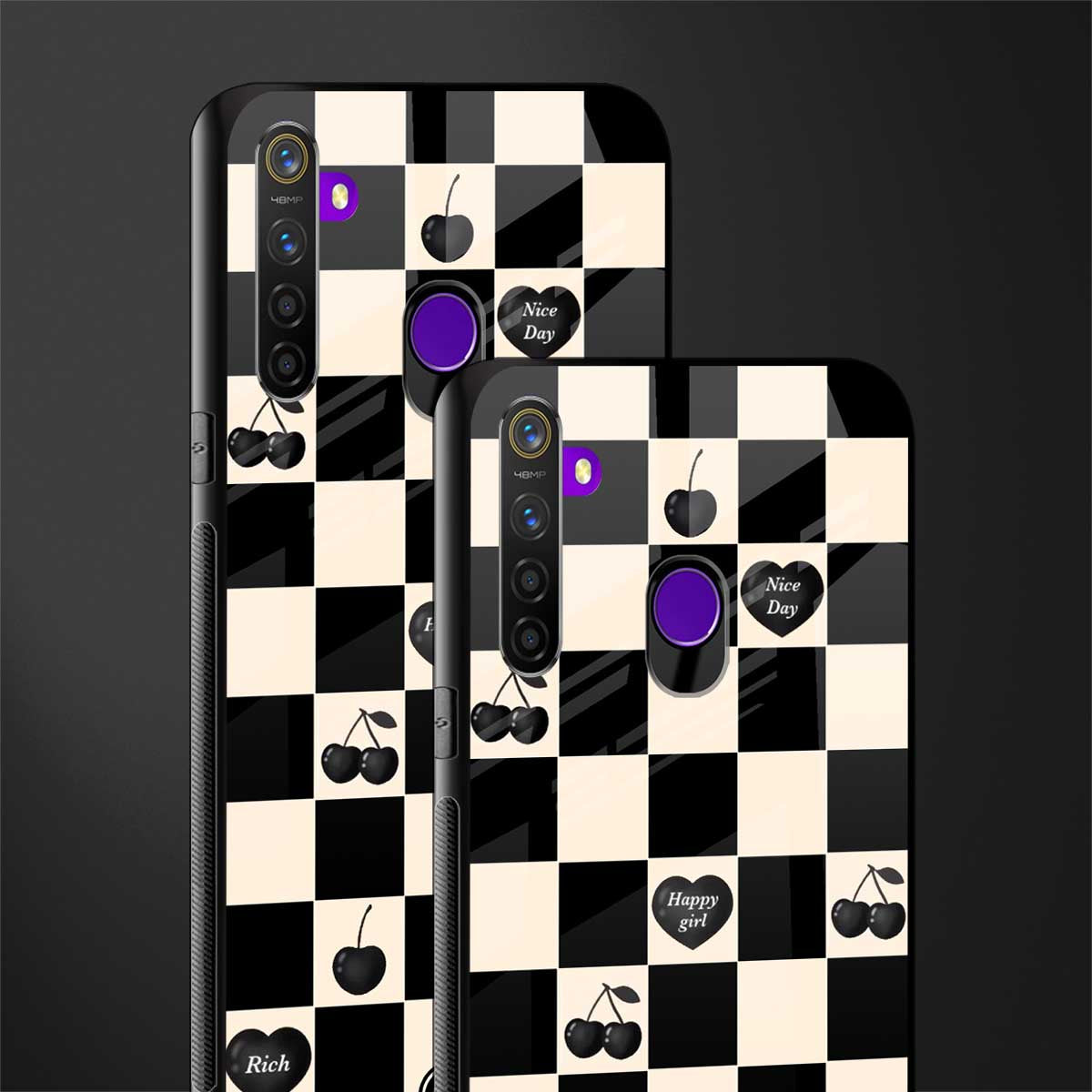 black cherries check pattern glass case for realme 5 image-2