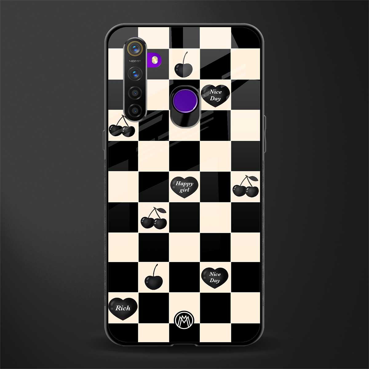 black cherries check pattern glass case for realme 5i image