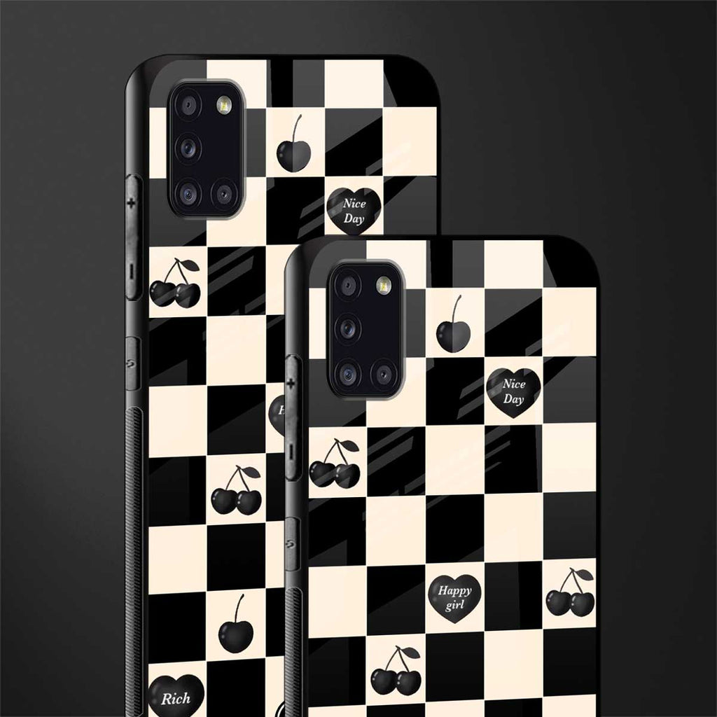 black cherries check pattern glass case for samsung galaxy a31 image-2