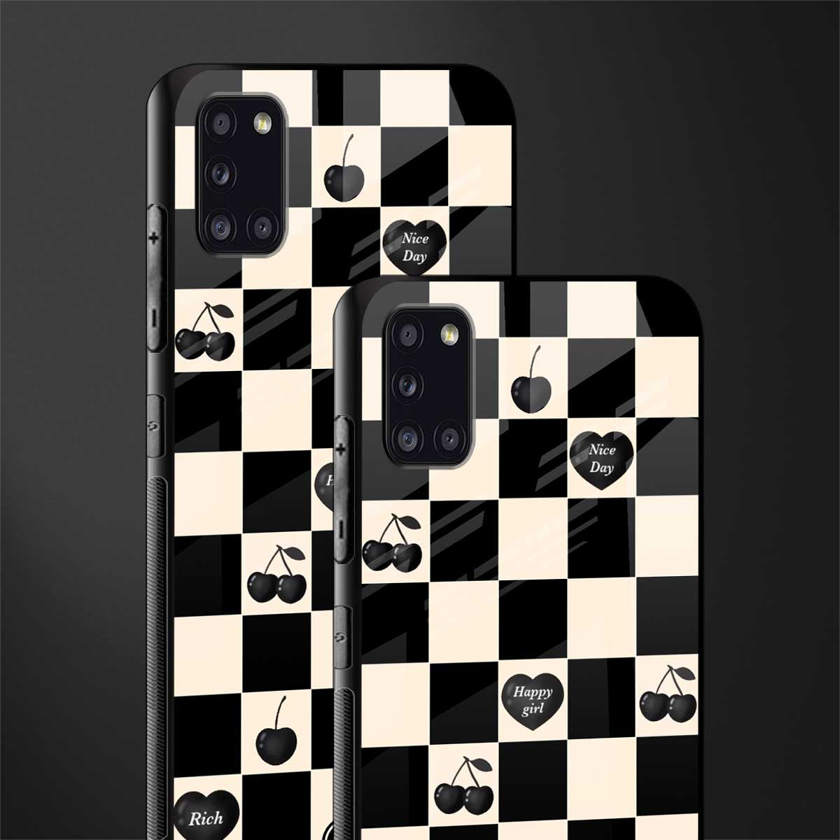 black cherries check pattern glass case for samsung galaxy a31 image-2