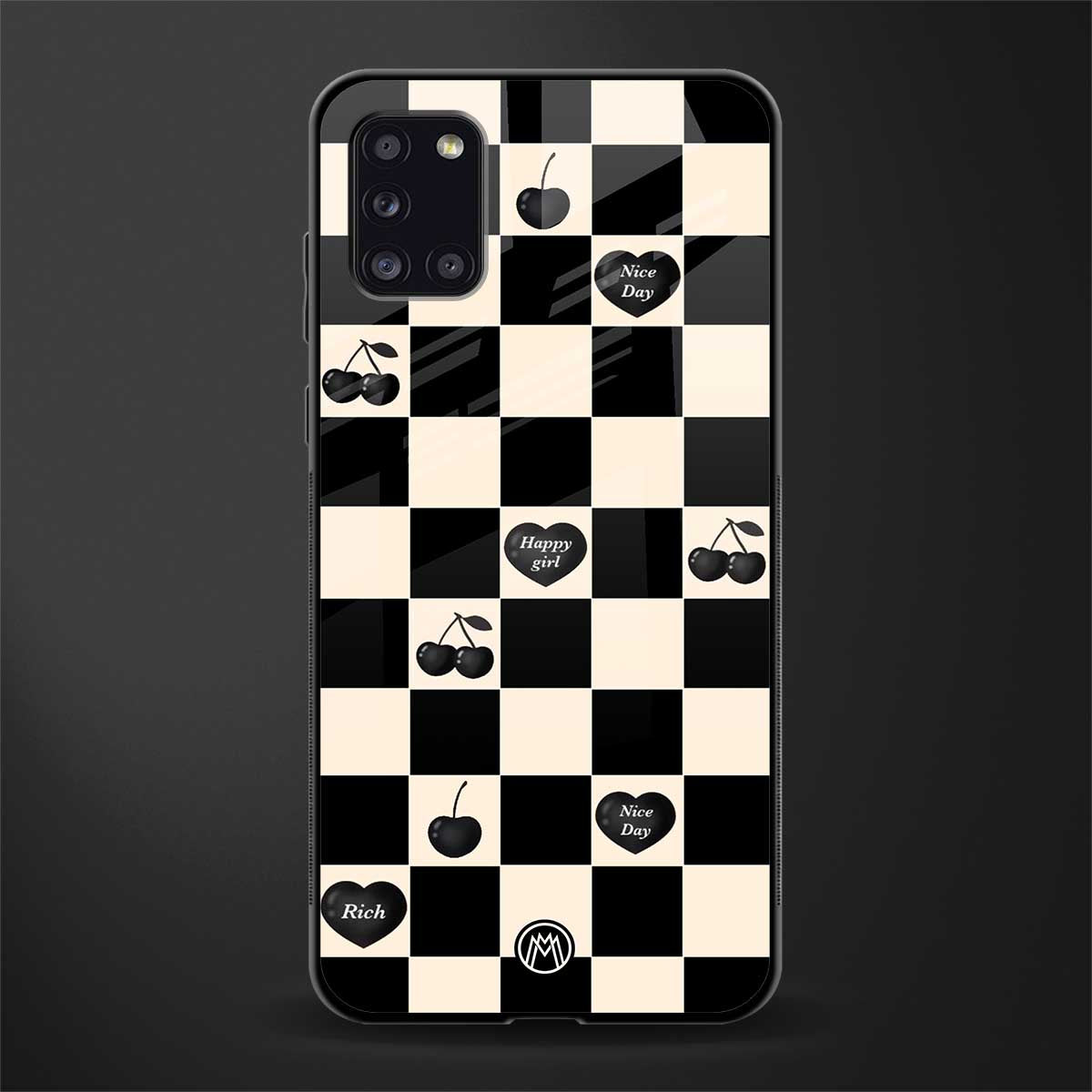 black cherries check pattern glass case for samsung galaxy a31 image