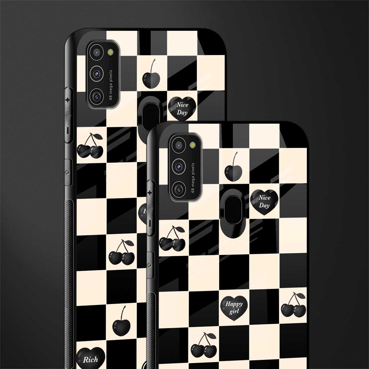black cherries check pattern glass case for samsung galaxy m21 image-2