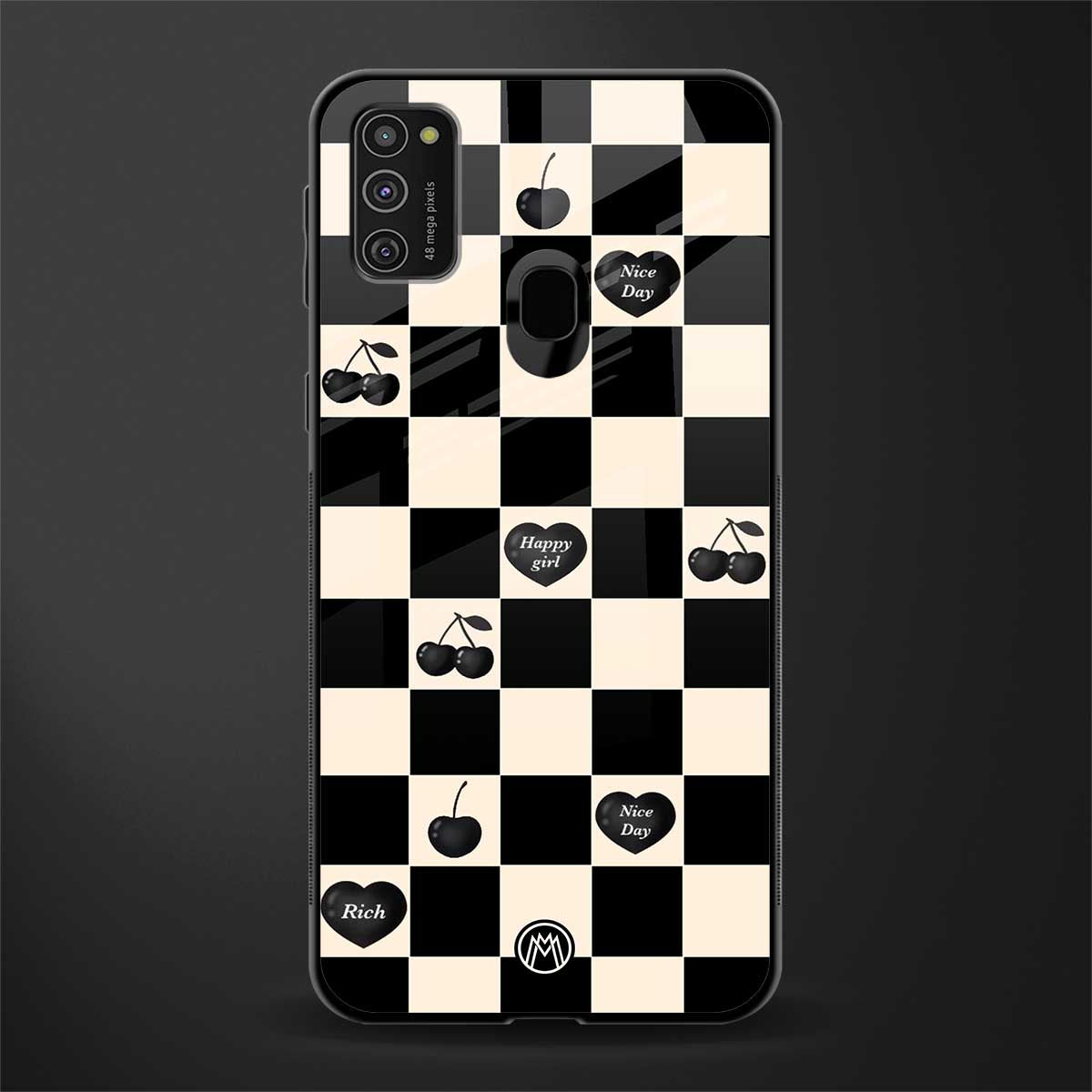 black cherries check pattern glass case for samsung galaxy m21 image