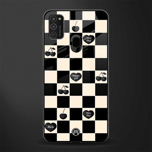 black cherries check pattern glass case for samsung galaxy m21 image