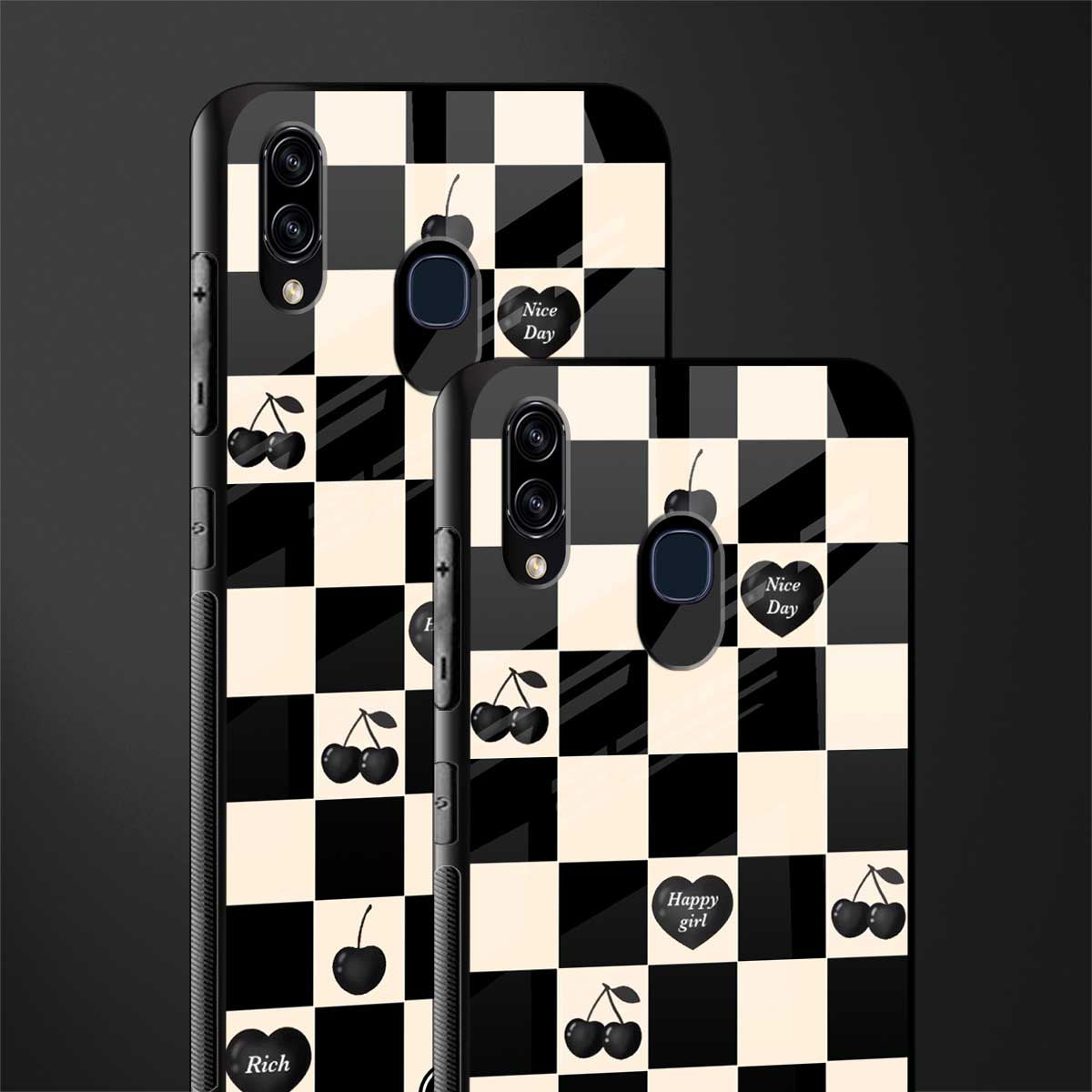black cherries check pattern glass case for samsung galaxy a30 image-2