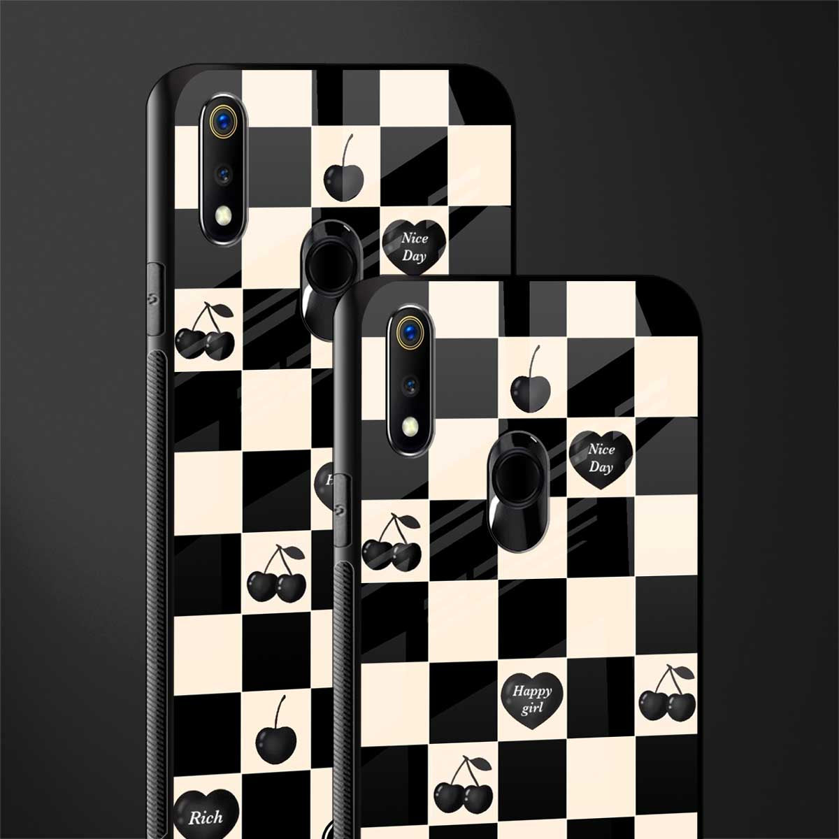 black cherries check pattern glass case for realme 3 pro image-2