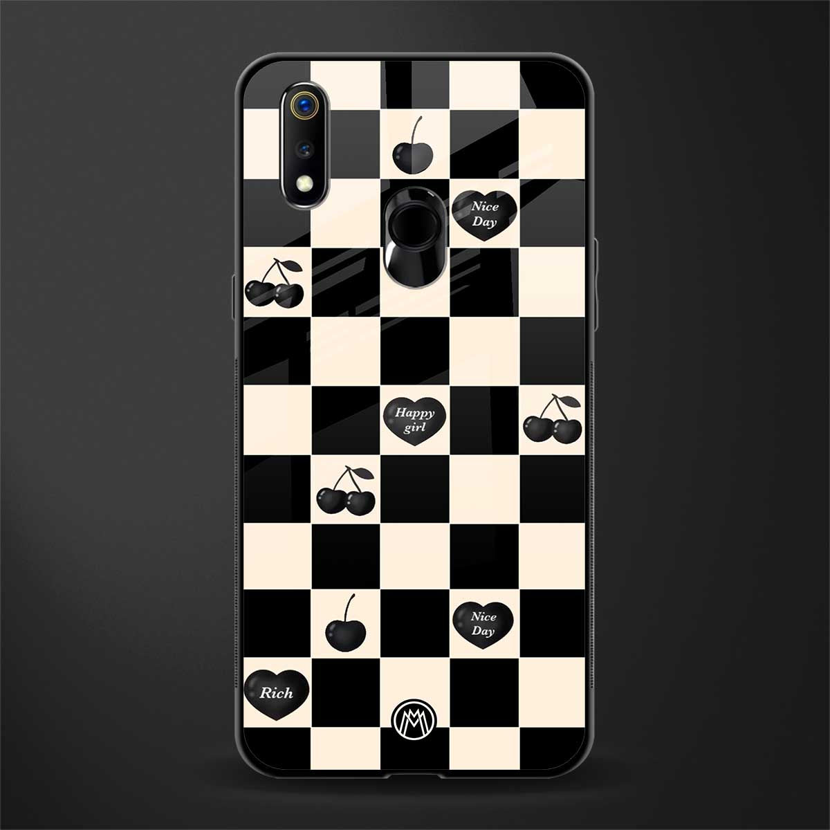 black cherries check pattern glass case for realme 3 pro image