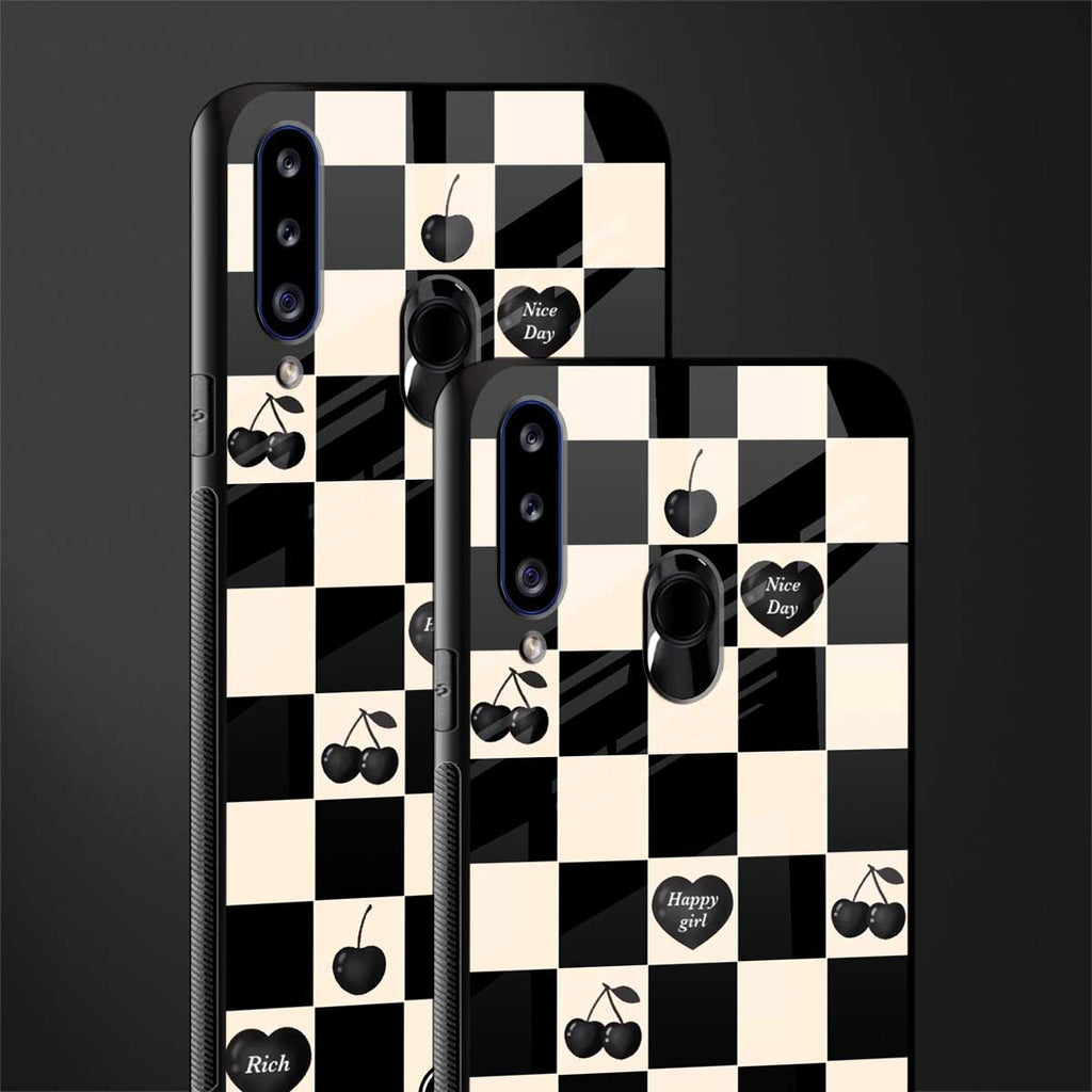 black cherries check pattern glass case for samsung galaxy a20s image-2