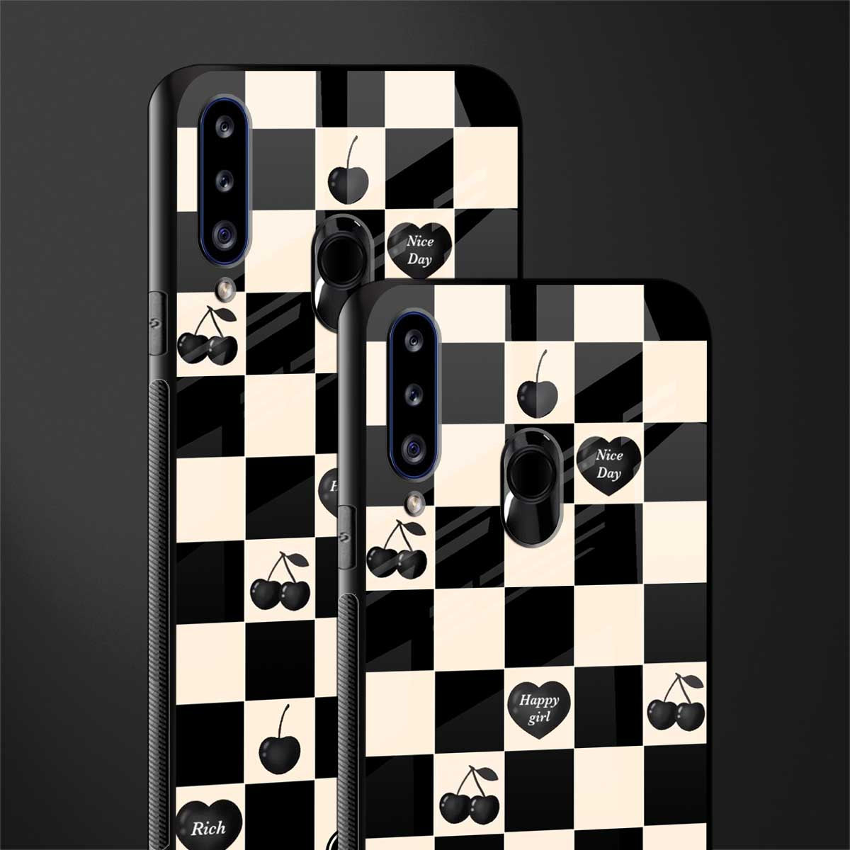black cherries check pattern glass case for samsung galaxy a20s image-2