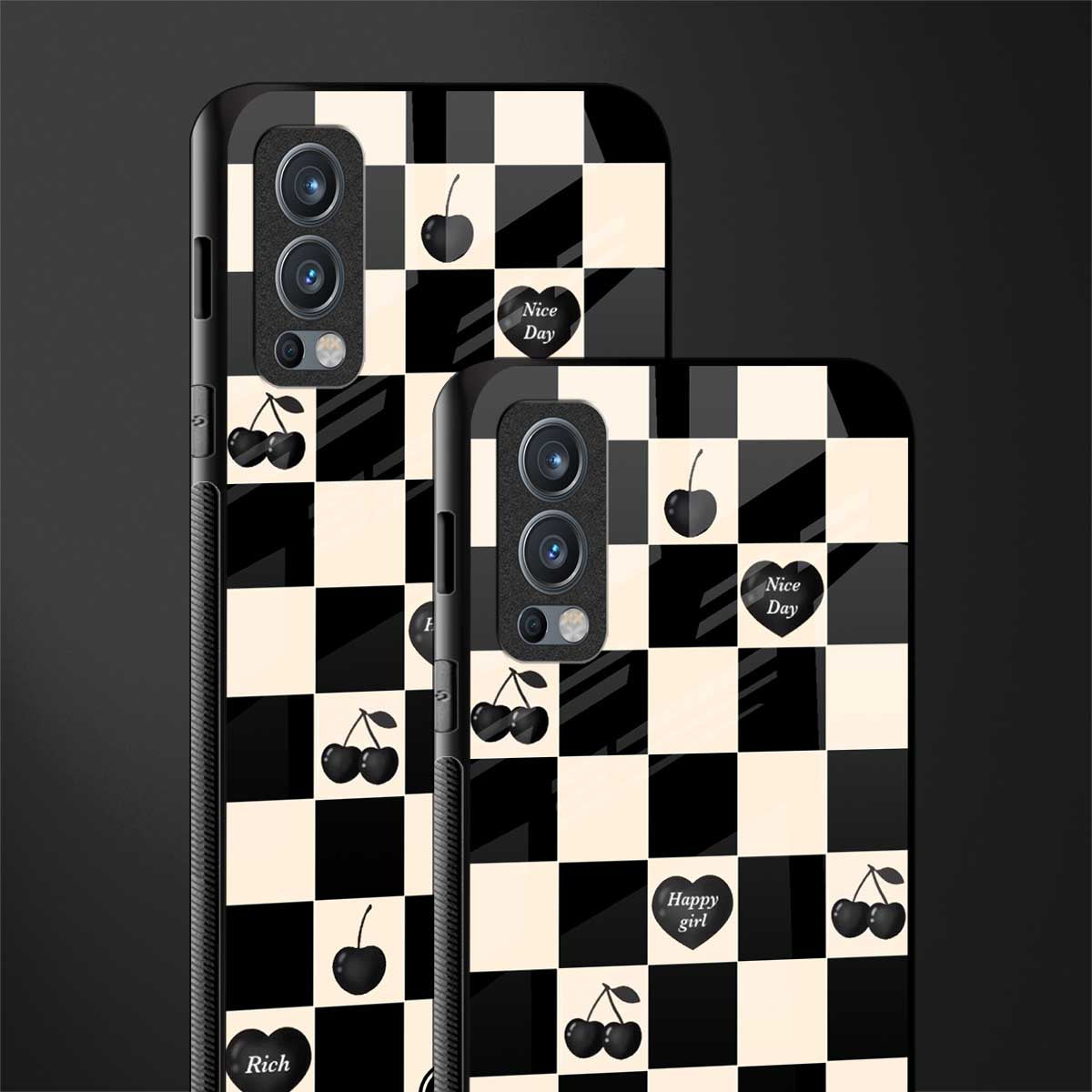 black cherries check pattern glass case for oneplus nord 2 5g image-2