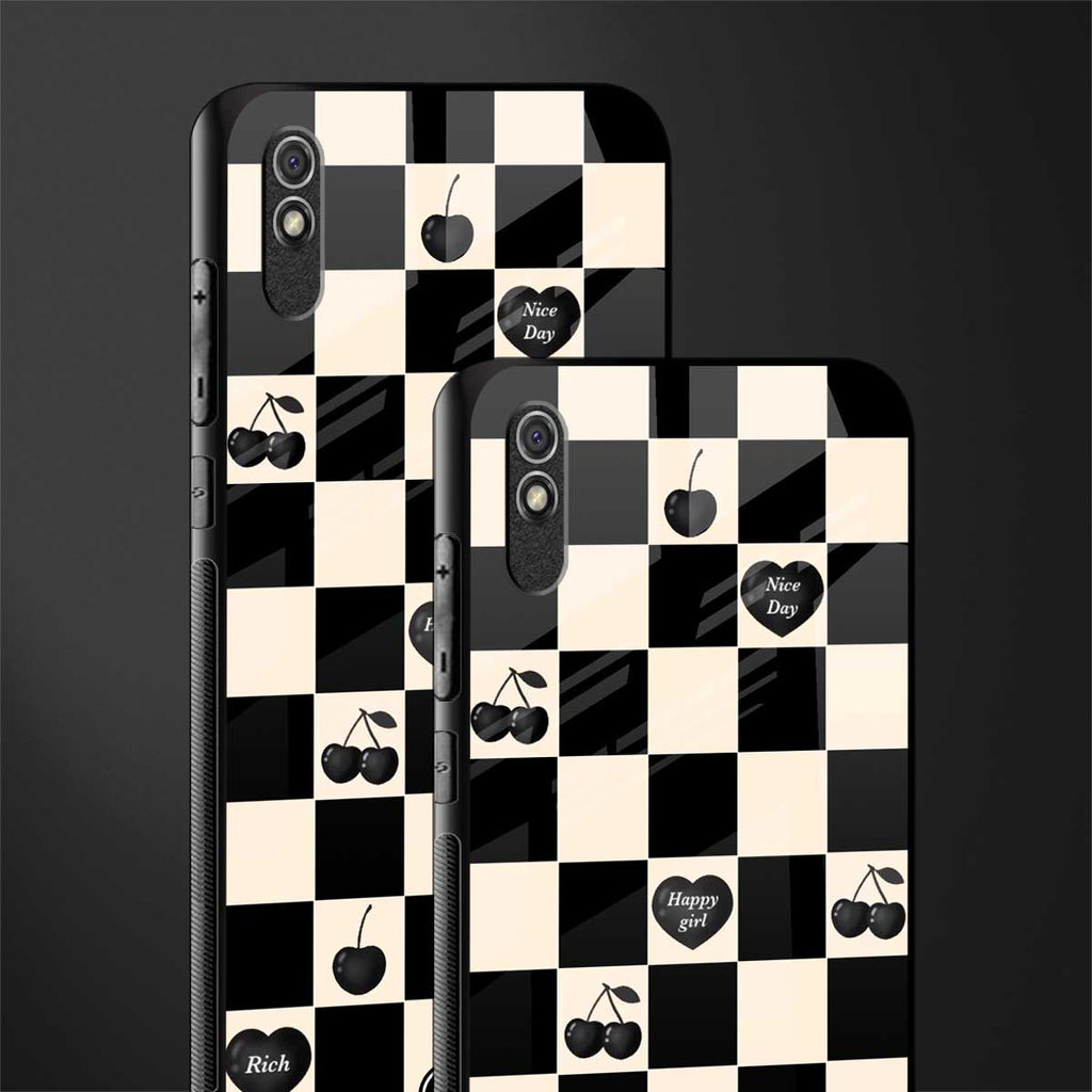 black cherries check pattern glass case for redmi 9a image-2