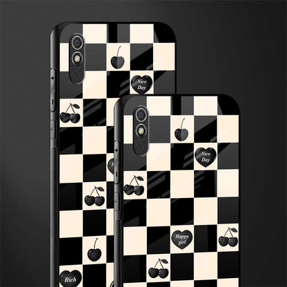 black cherries check pattern glass case for redmi 9a image-2