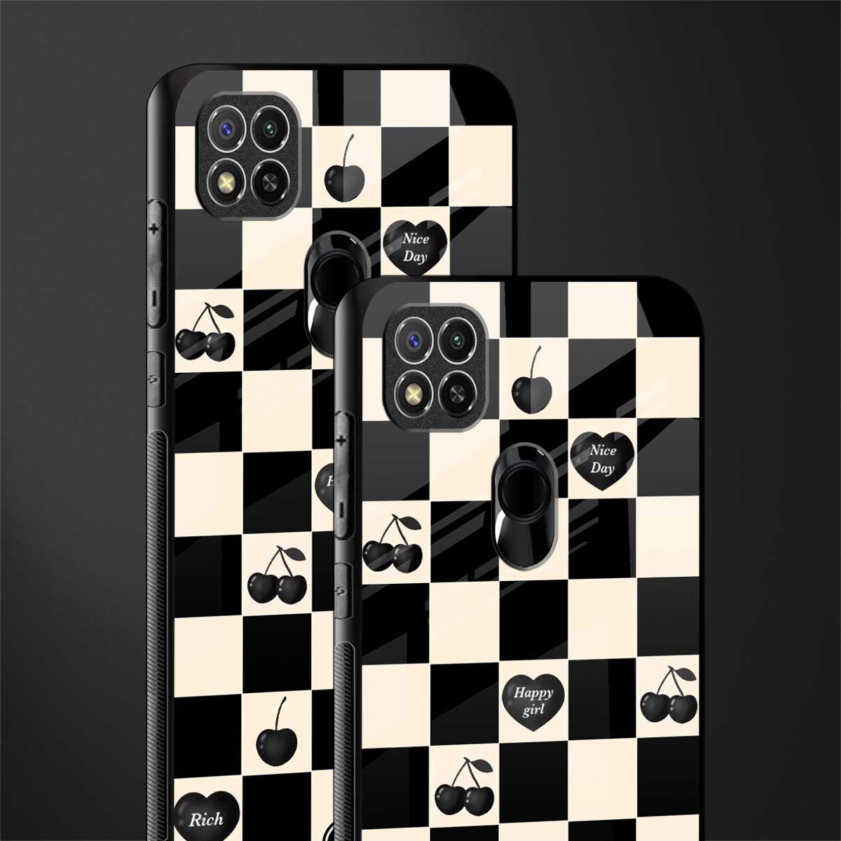 black cherries check pattern glass case for redmi 9c image-2