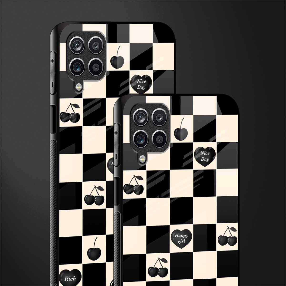 black cherries check pattern glass case for samsung galaxy a12 image-2
