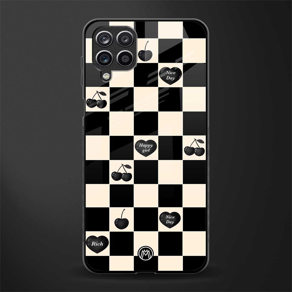 black cherries check pattern glass case for samsung galaxy a12 image