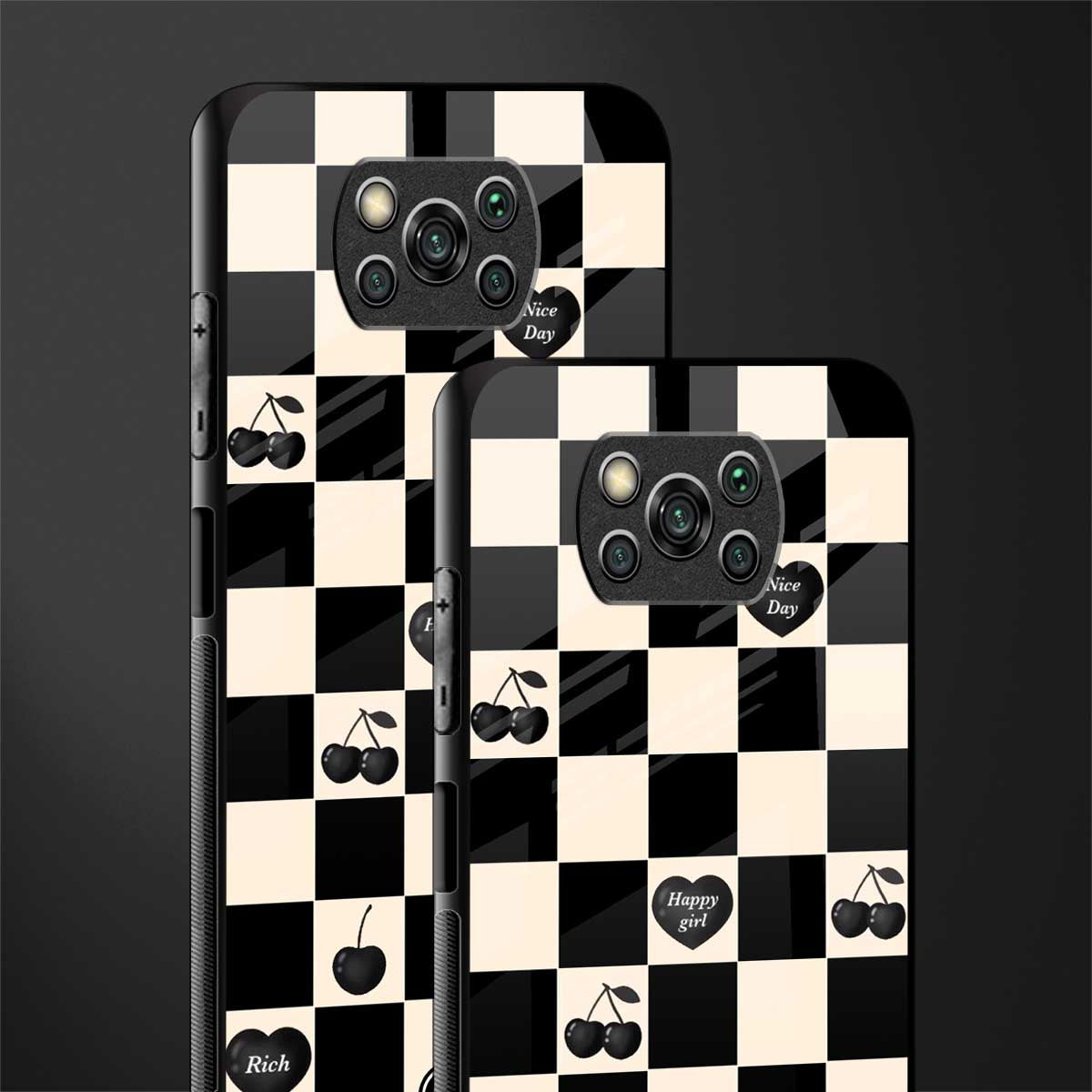 black cherries check pattern glass case for poco x3 image-2