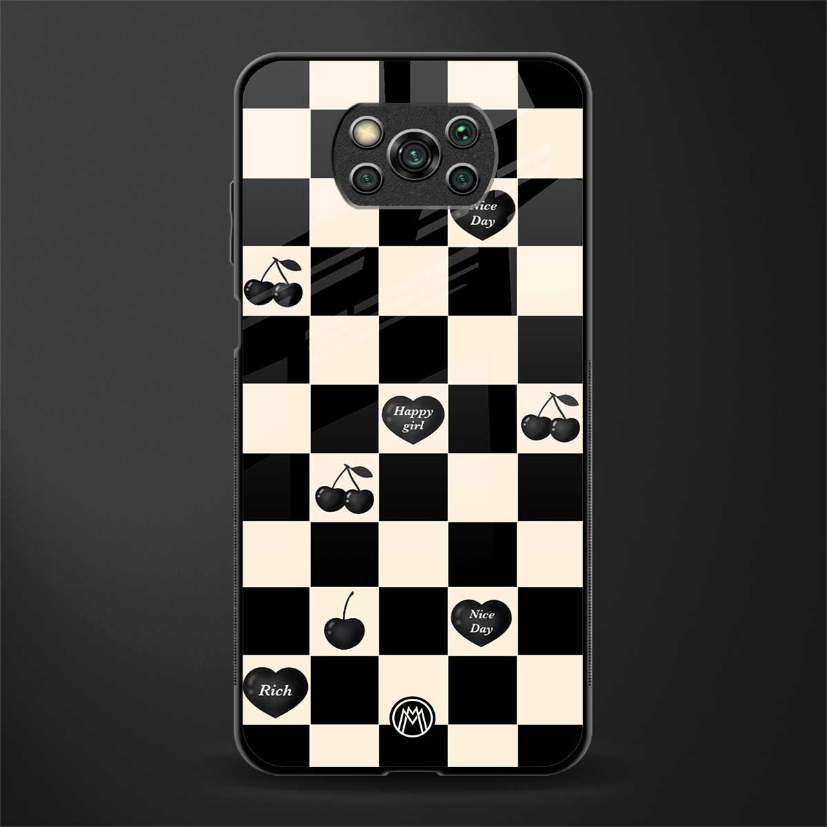 black cherries check pattern glass case for poco x3 image