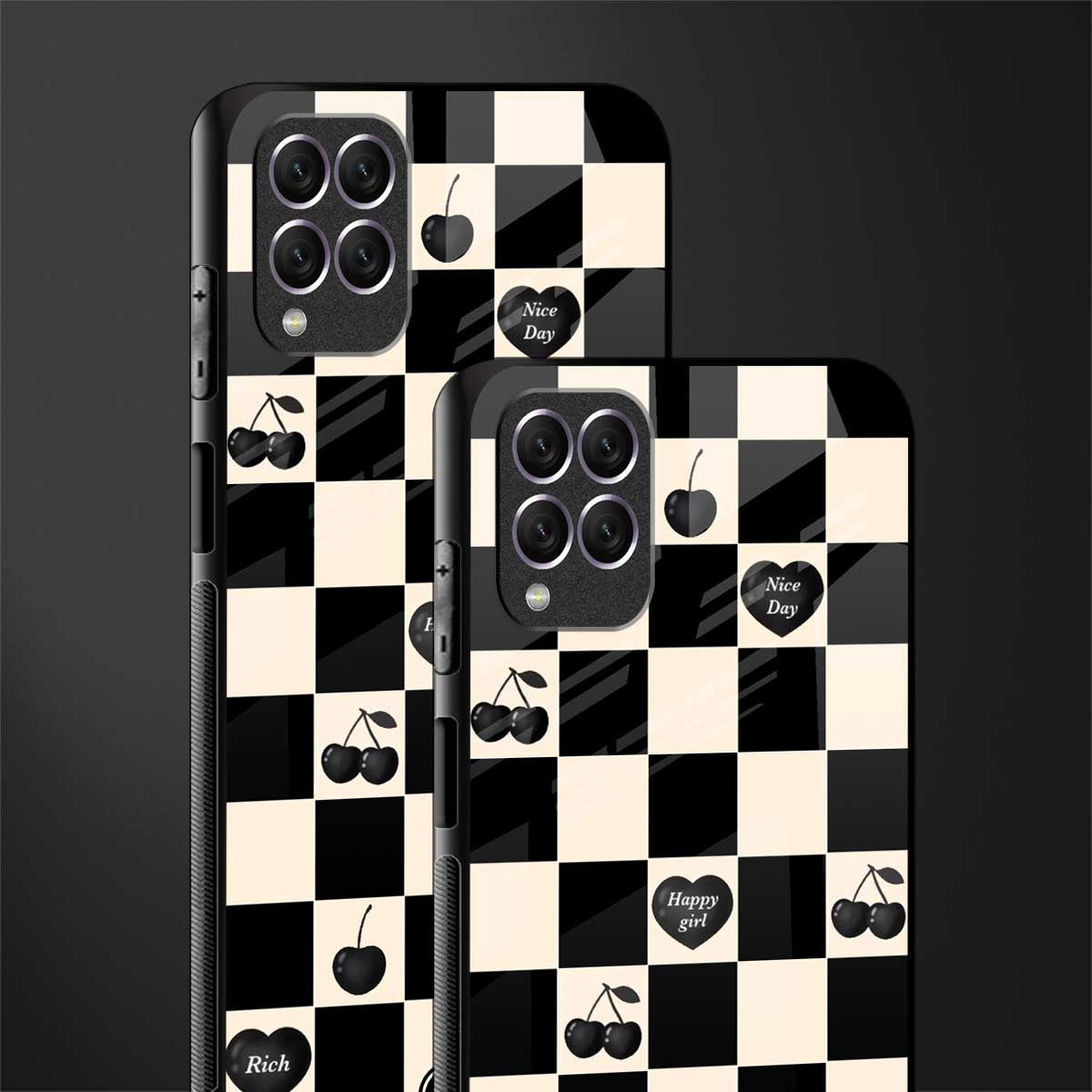 black cherries check pattern glass case for samsung galaxy f62 image-2