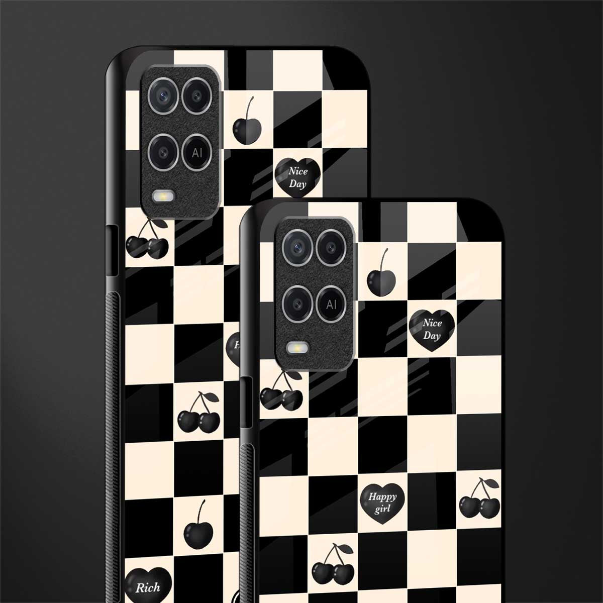 black cherries check pattern glass case for oppo a54 image-2